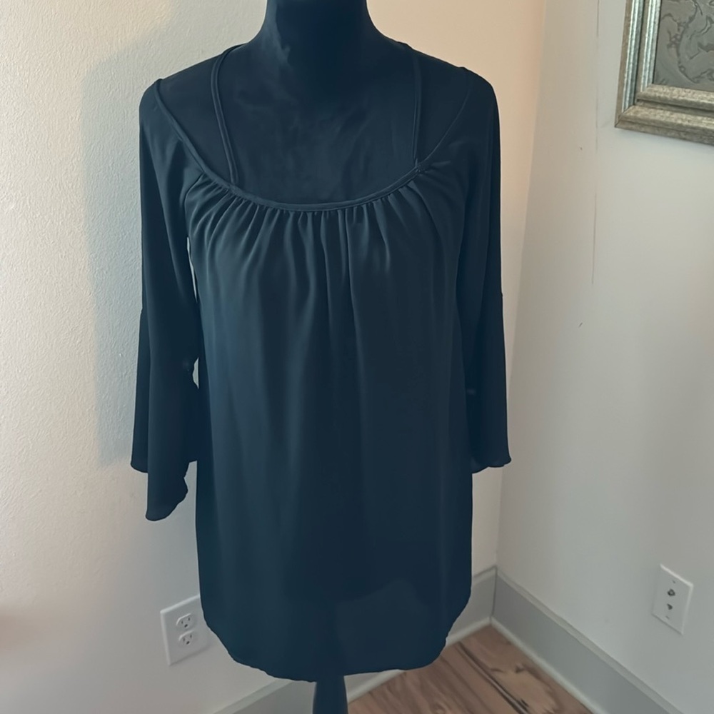 TOBI black chiffon off the shoulder criss cross back bell‎ sleeves Sz S